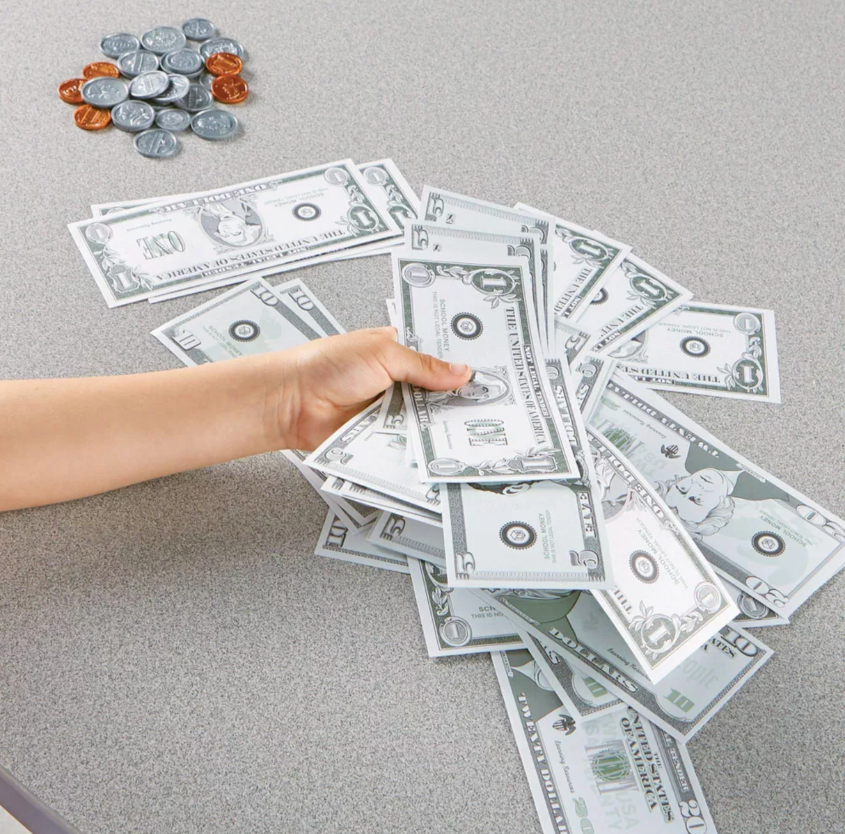 Money Jar Play Money with realistic coins and bills for kids to learn counting and math skills.