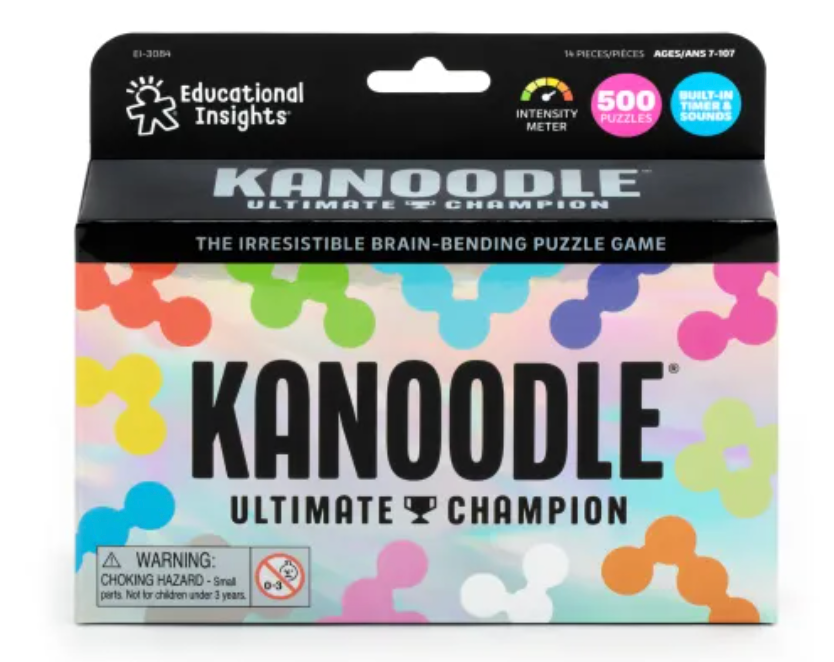 Kanoodle Ultimate Champion puzzle game box featuring 500 puzzles and brain-training challenges for ages 7 and up.