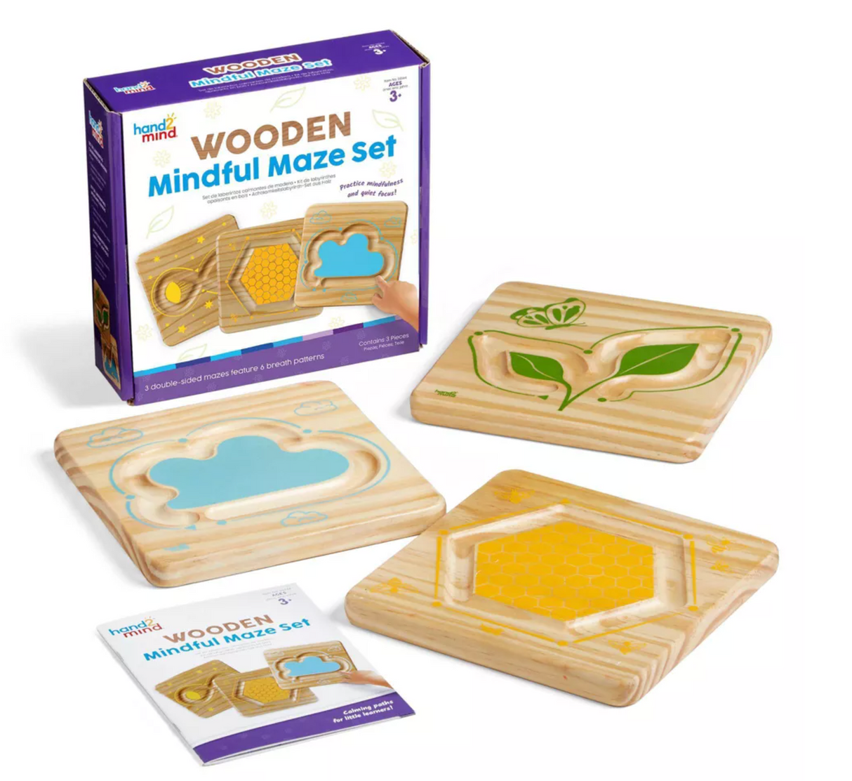 Wooden Mindful Maze Set with three double-sided boards featuring nature breath patterns for calming and focus skills.