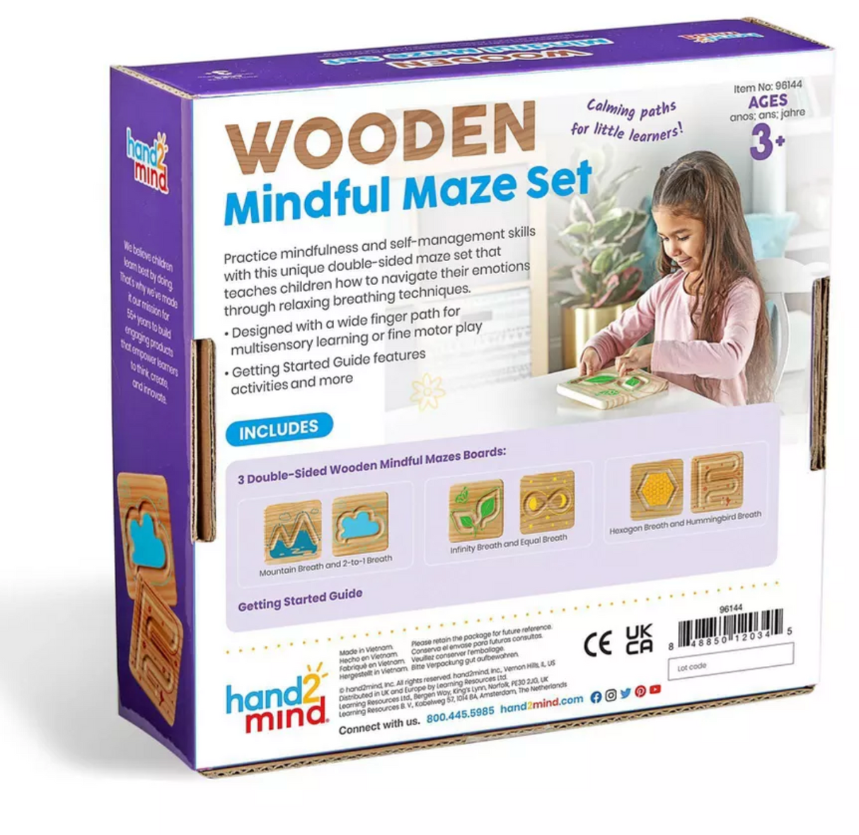 Wooden Mindful Maze Set with double-sided boards featuring nature-themed breath patterns for kids age 3 and up.