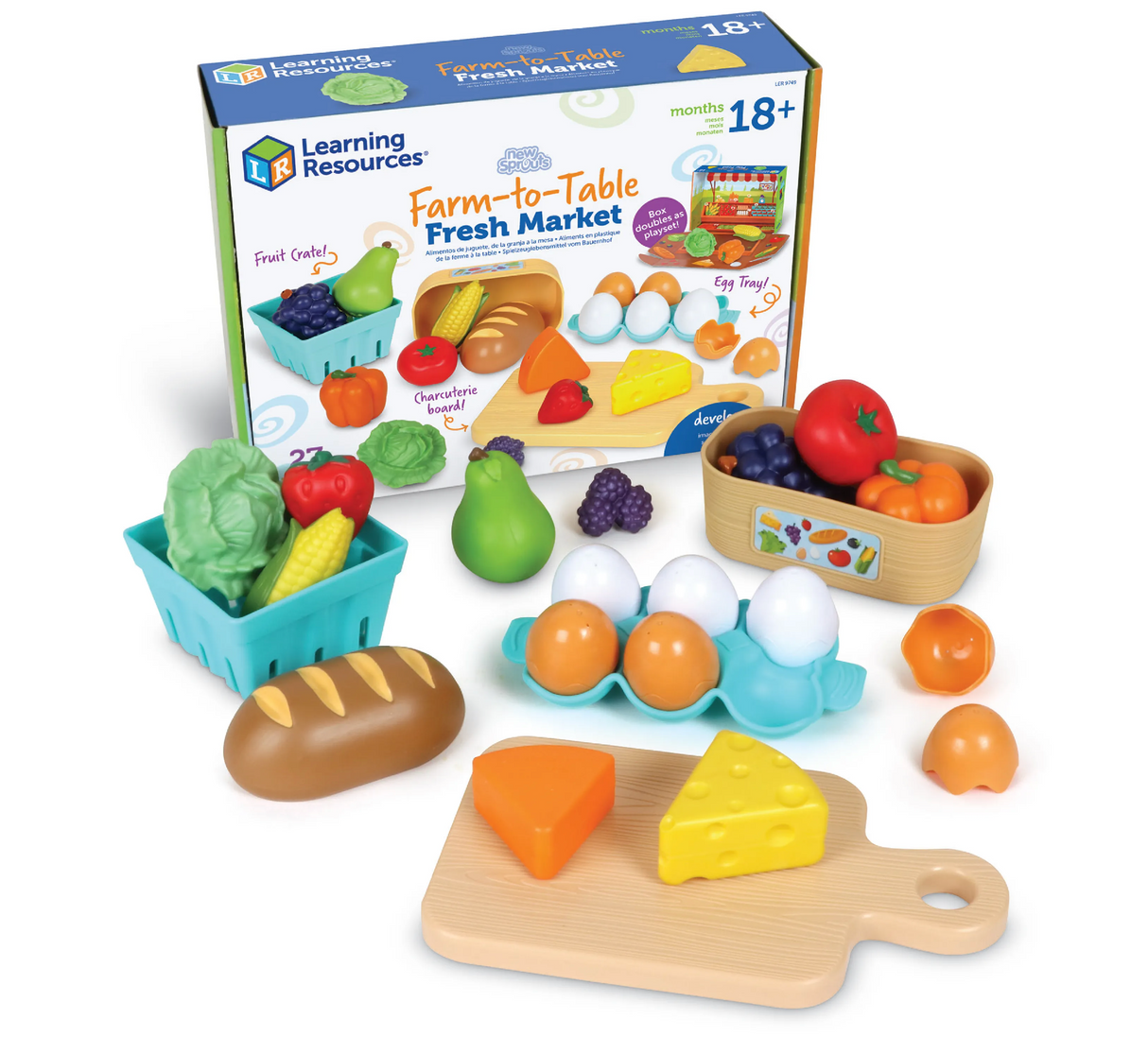 Farm to Table Fresh Market play food set with eggs, cheese, bread, fruits, and vegetables for kids' pretend play.