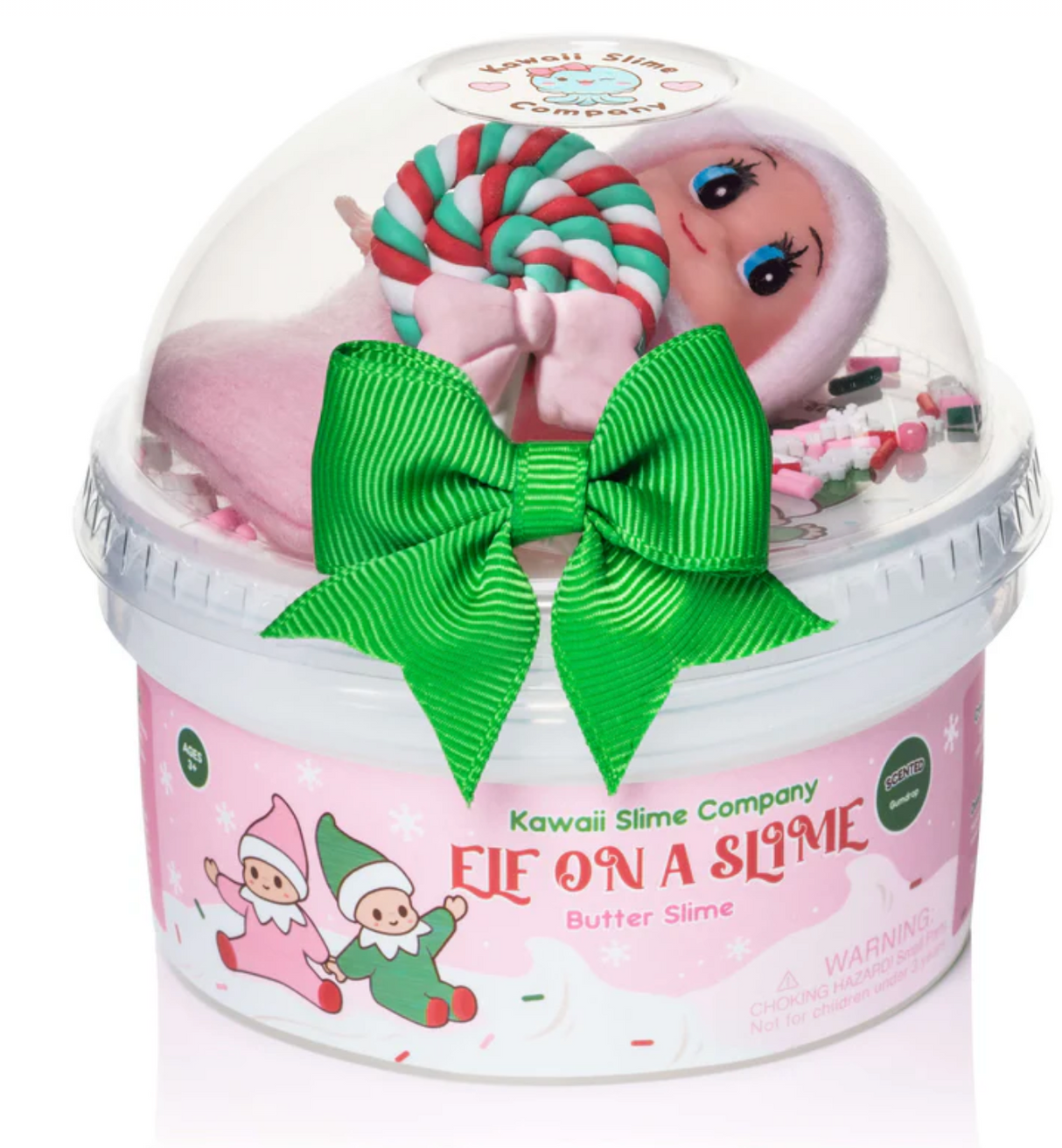 Elf on a Slime Butter Slime with gumdrop scent, baby elf charm, and festive sprinkle blend in a festive container.