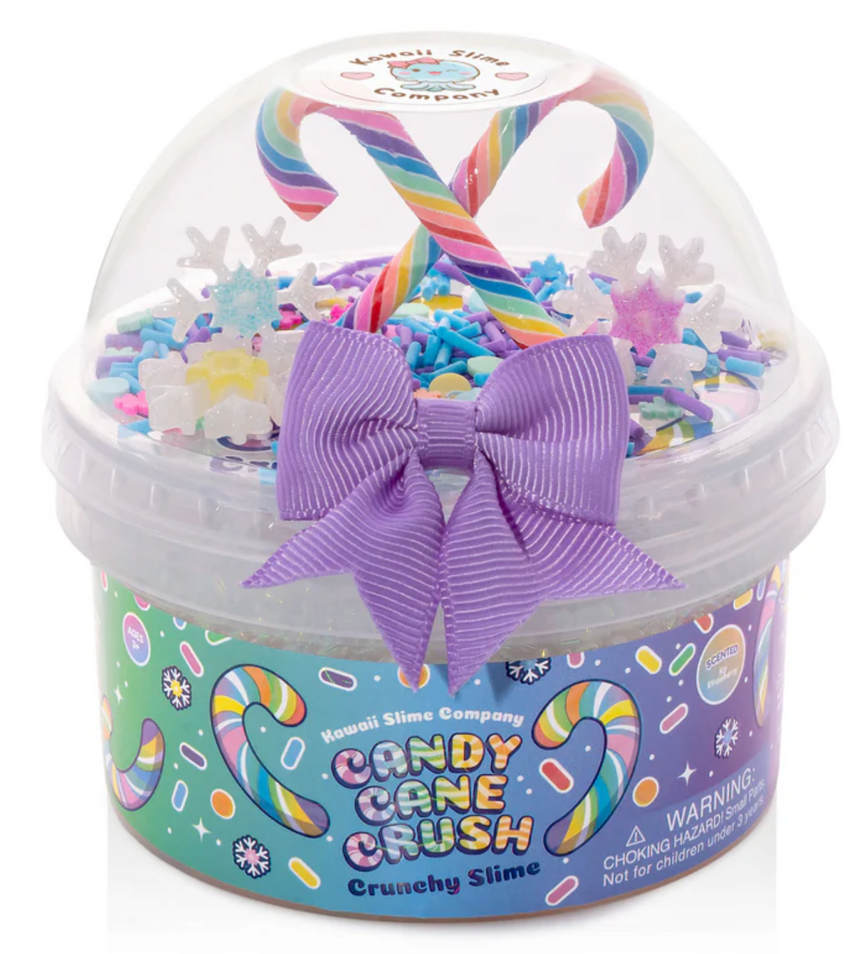 Candy Cane Crush Crunchy Slime with colorful candy decorations and a purple bow, perfect for ages 3 and up.