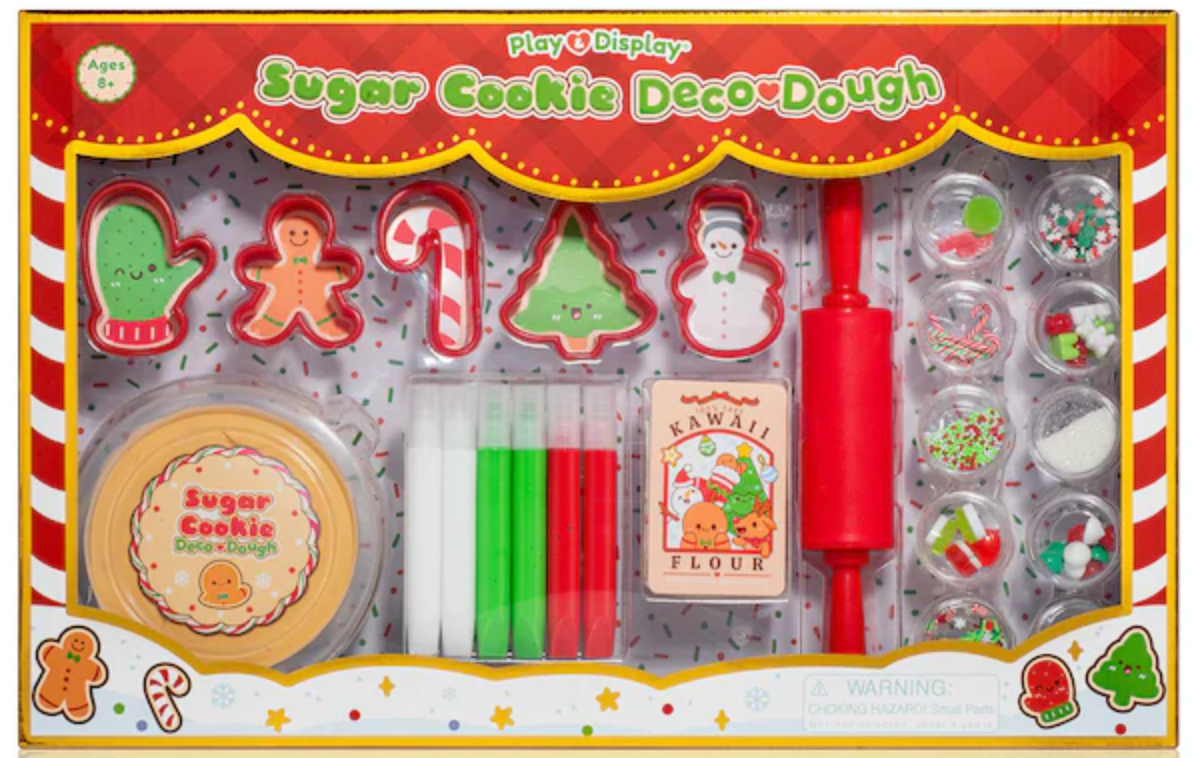 Sugar Cookie Deco Dough Set with festive cookie cutters, red and green icing tubes, rolling pin, and clay toppings.