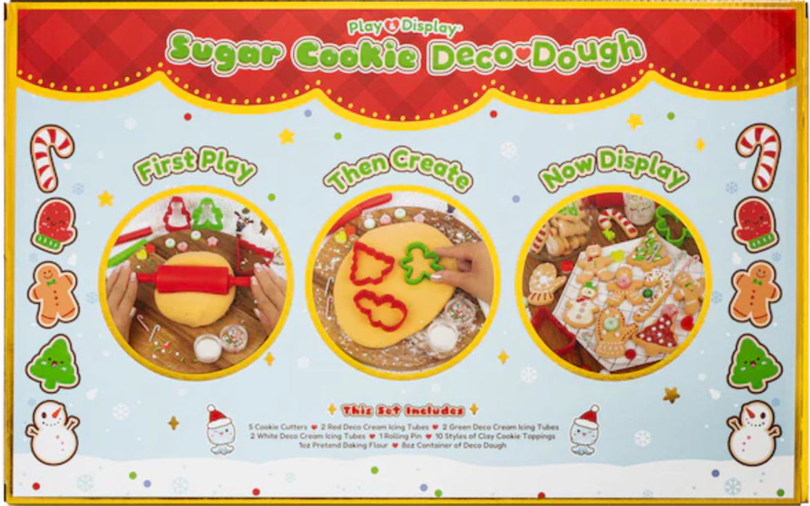 Sugar Cookie Deco Dough Set with cookie cutters, rolling pin, colorful icing tubes, and clay toppings for festive play and display.