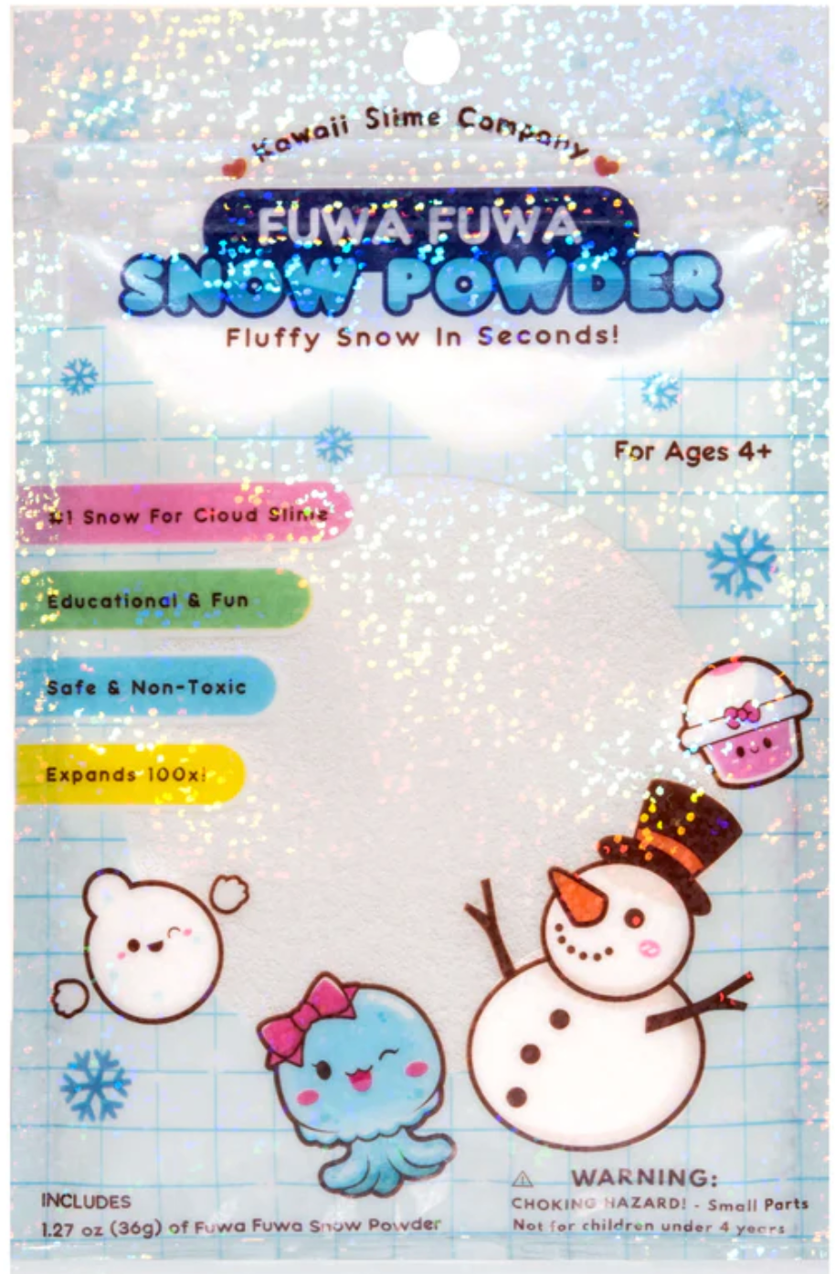 Fuwa Fuwa Instant Snow Powder packet with cute snowman and winter-themed slime graphics for ages 4 and up.