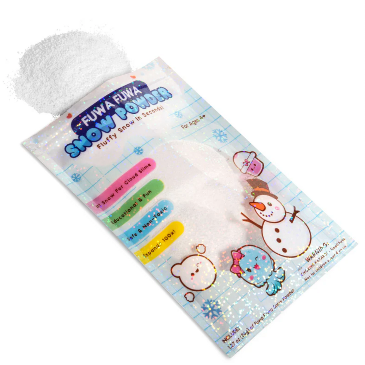 Fuwa Fuwa Instant Snow Powder packet with white powder, featuring cartoon snowman and bear for slime and snow play.