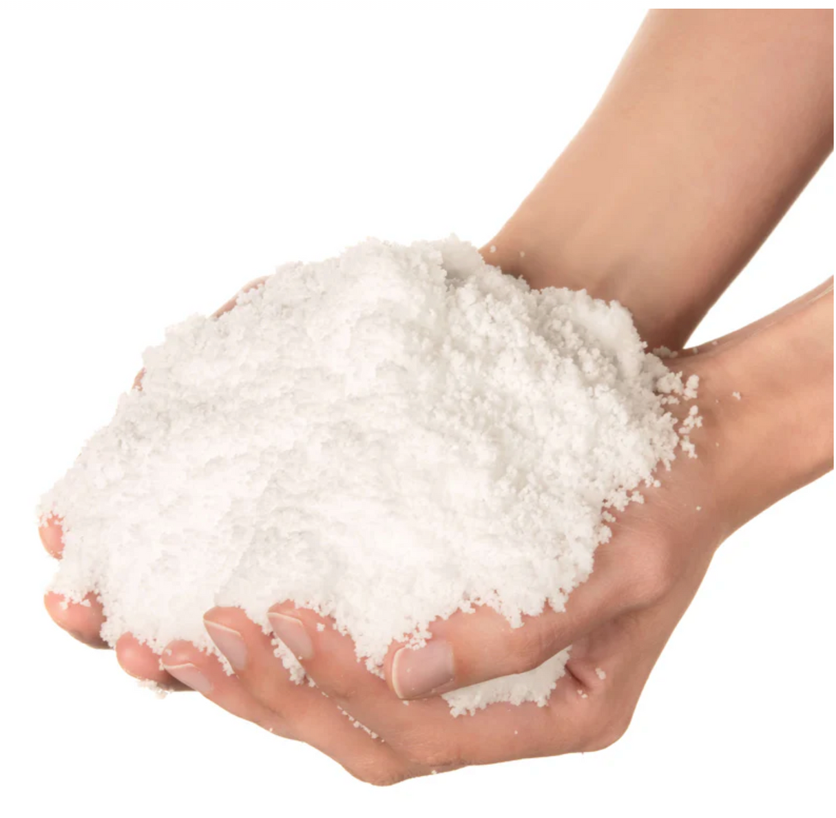 Hands holding a fluffy white powder, showcasing Fuwa Fuwa Instant Snow Powder for realistic snow and slime fun.