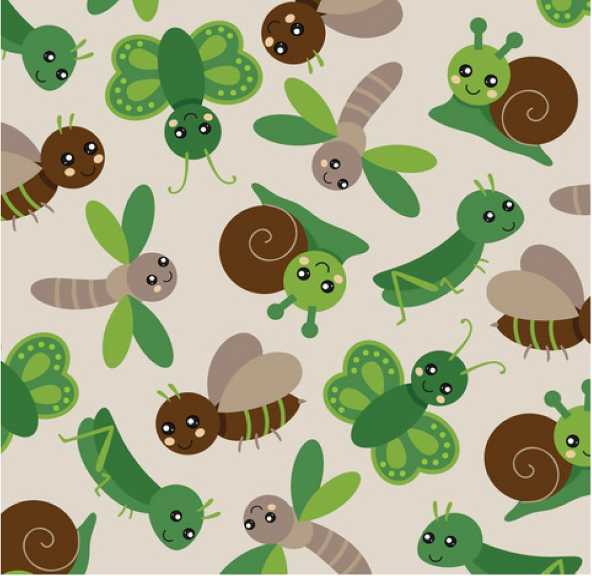 Baby Paper | Critters featuring cute green and brown insects and snails on a soft beige background pattern.