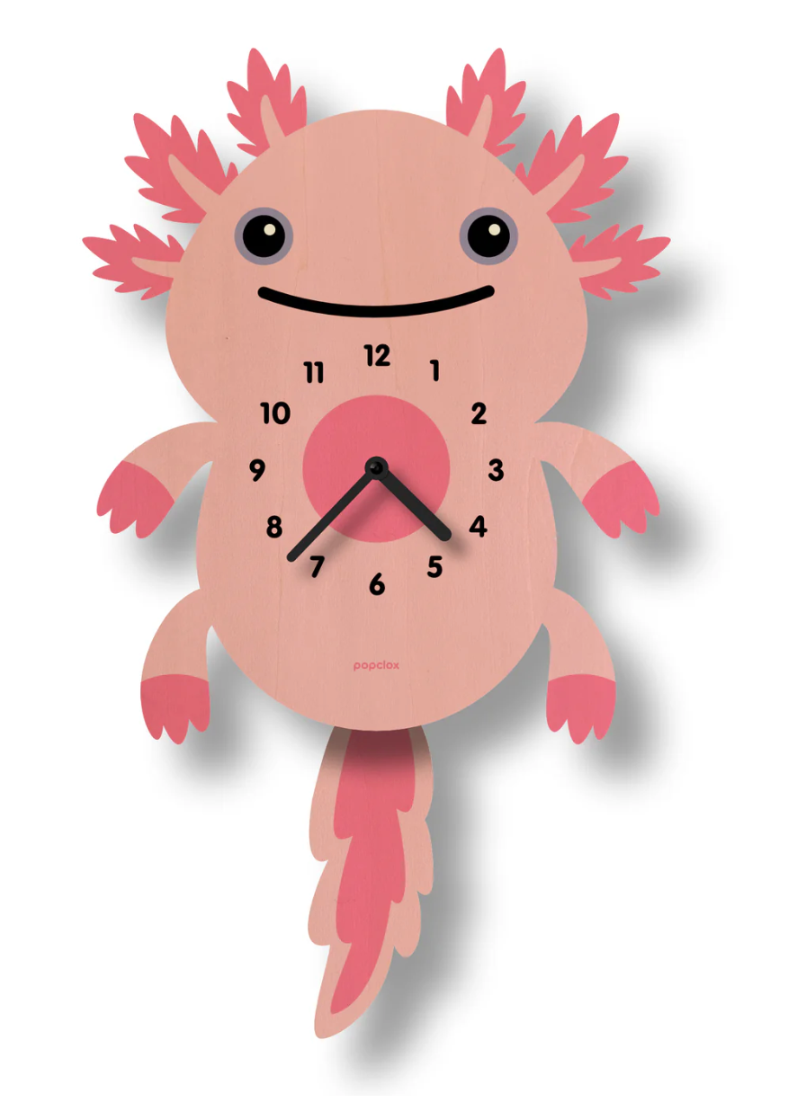 Wood Pendulum Clock | Axolotl is a wooden kids' wall clock shaped like a cute pink axolotl with a pendulum tail.