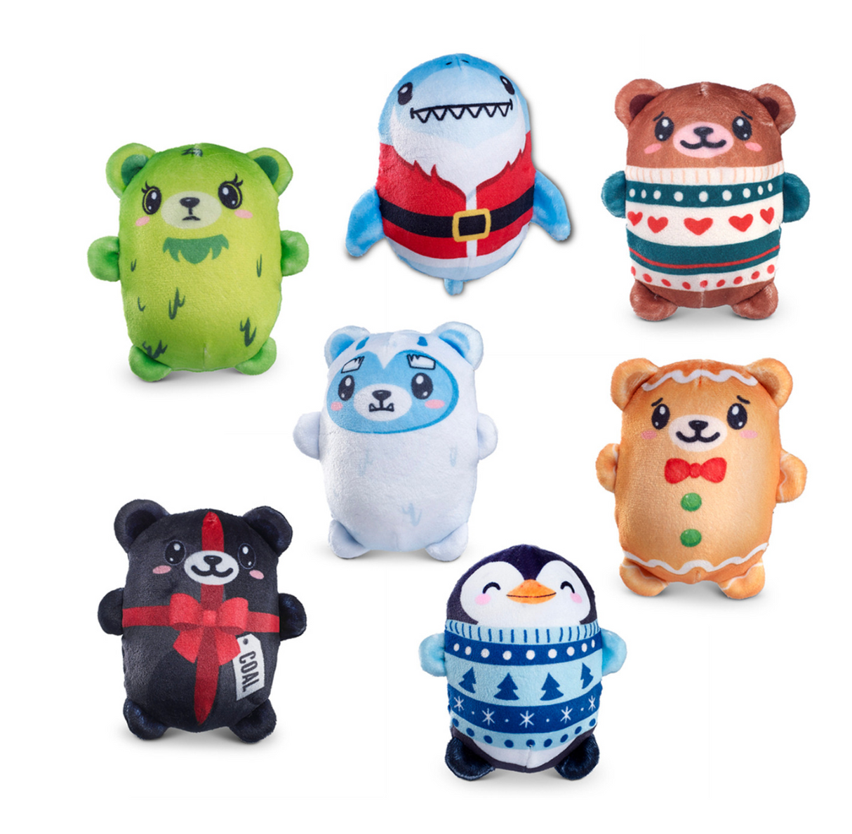 Bubble Stuffed Squishy Friends Holiday Christmas Edition with seven plush fidget toys in festive designs for stress relief and sensory play.