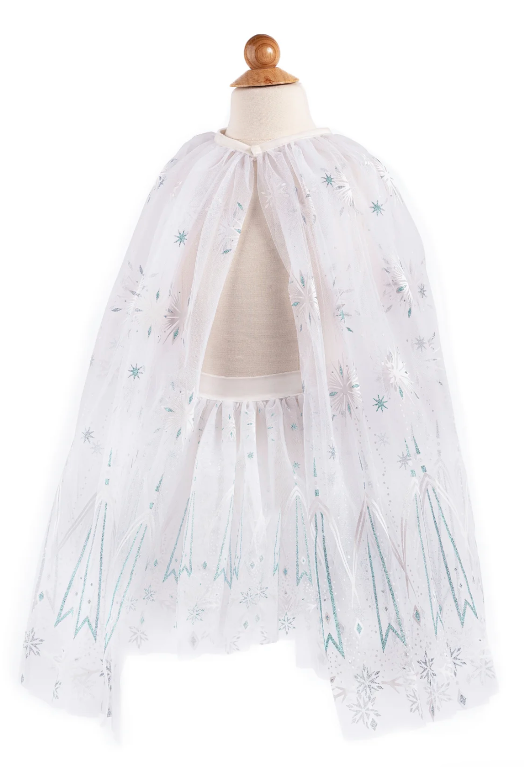 Winter Wonderland Cape Size 5-6 with delicate icy prints and white tulle draped gracefully on a mannequin.