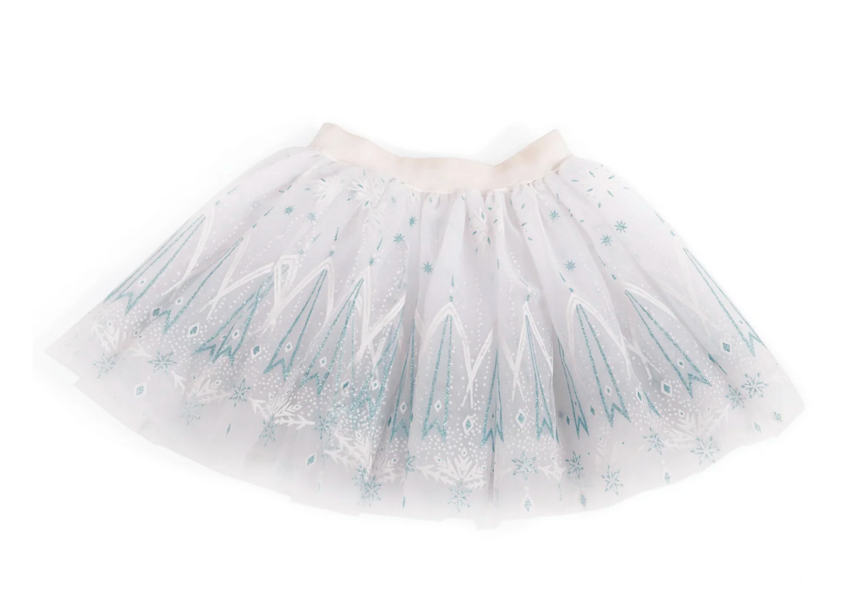 Winter Wonderland Tutu in white with icy blue snowflake print and soft felt waistband for size 4-6 girls.