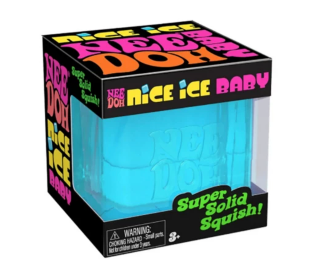 NeeDoh Nice Ice Baby in blue cube shape, super solid squishy sensory toy in colorful packaging.