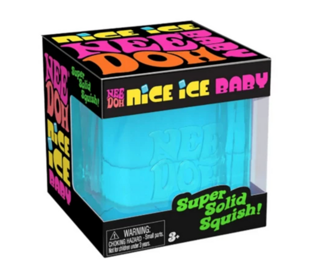 NeeDoh Nice Ice Baby in blue cube shape, super solid squishy sensory toy in colorful packaging.