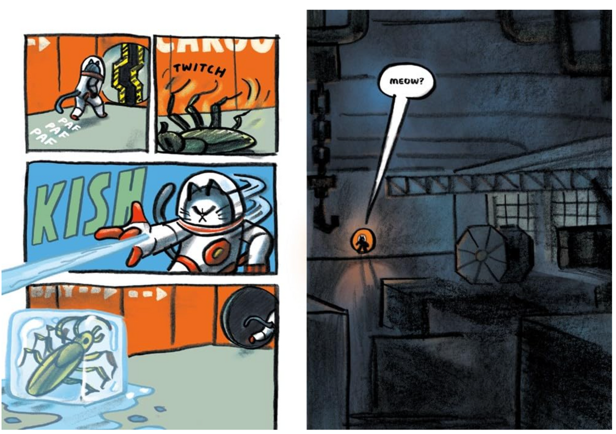 First Cat in Space and the Wrath of the Paperclip shows a cat astronaut facing a paperclip villain in a dark sci-fi setting.