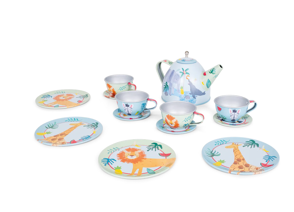 Tea Set | Jungle 14-piece set with teapot, cups, saucers, and plates featuring colorful jungle animal designs for imaginative play.