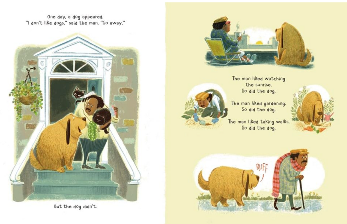 The Man Who Didn't Like Animals shows a man and dog bonding through daily activities and shared moments.