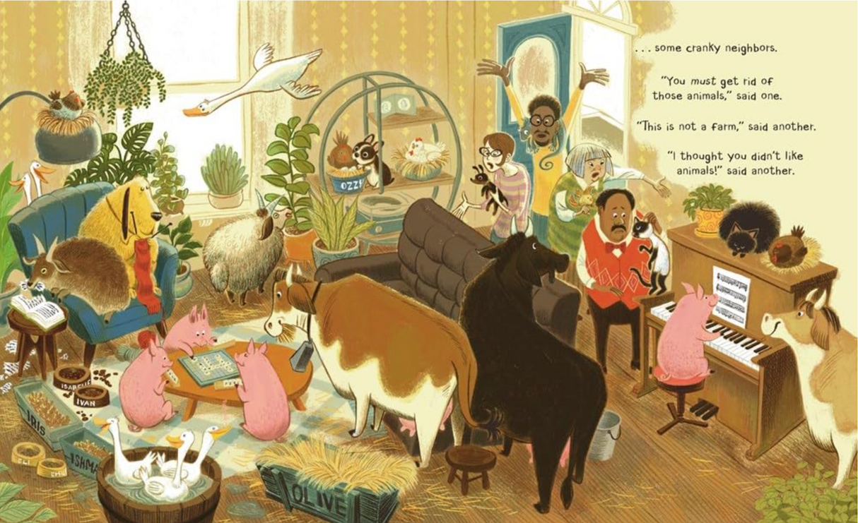 Illustration from The Man Who Didn't Like Animals showing animals inside a cozy, lively home with neighbors outside the window.