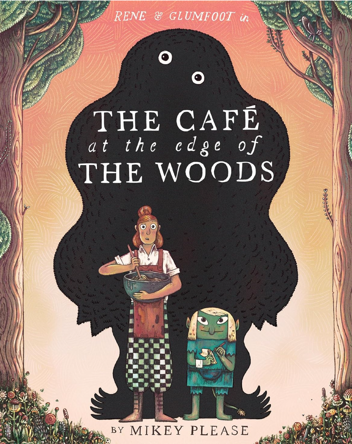 Cover illustration of Rene and Glumfoot with a large shadowy figure for The Cafe at the Edge of the Woods book.