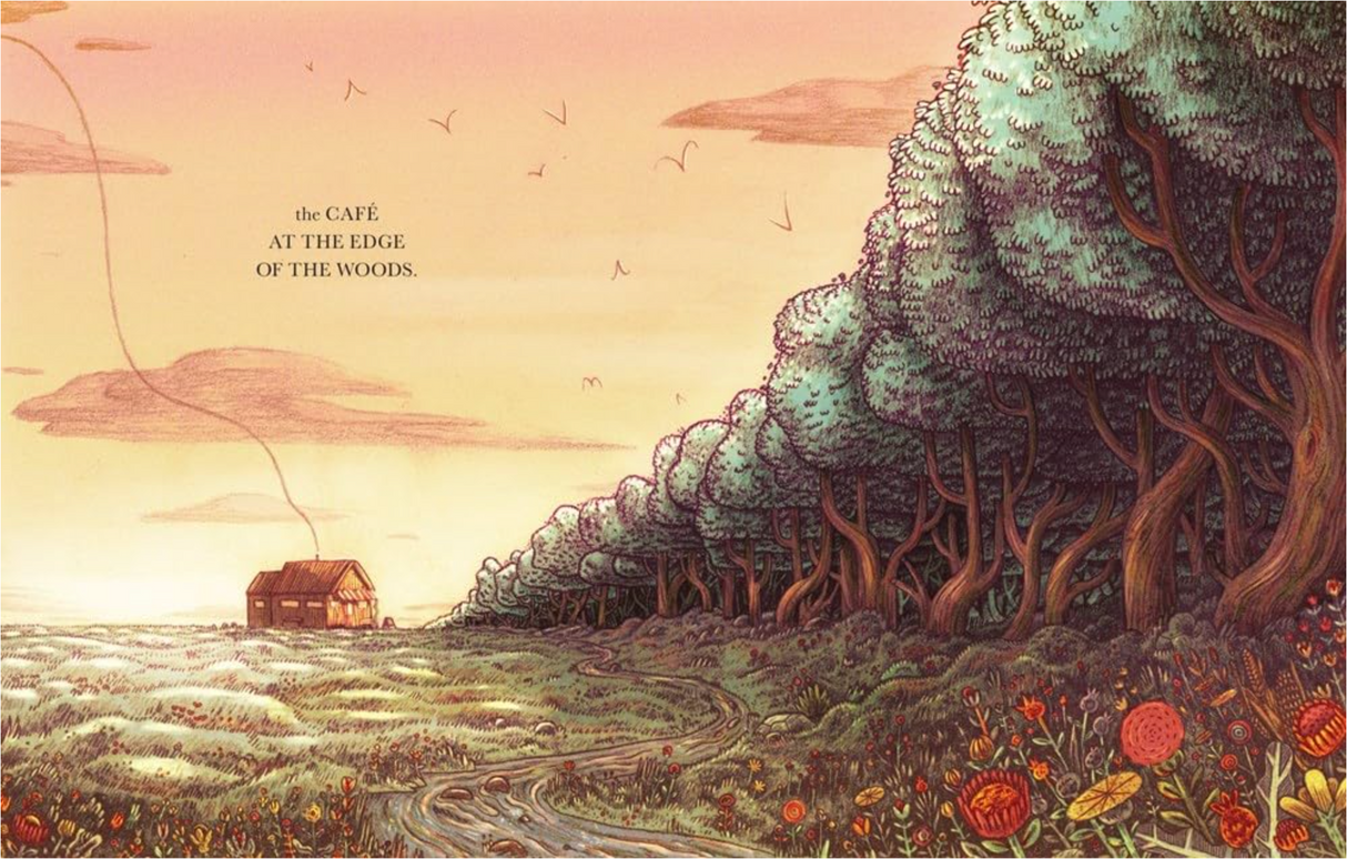 Illustration of a small cabin near a dense forest at sunset from The Cafe at the Edge of the Woods.