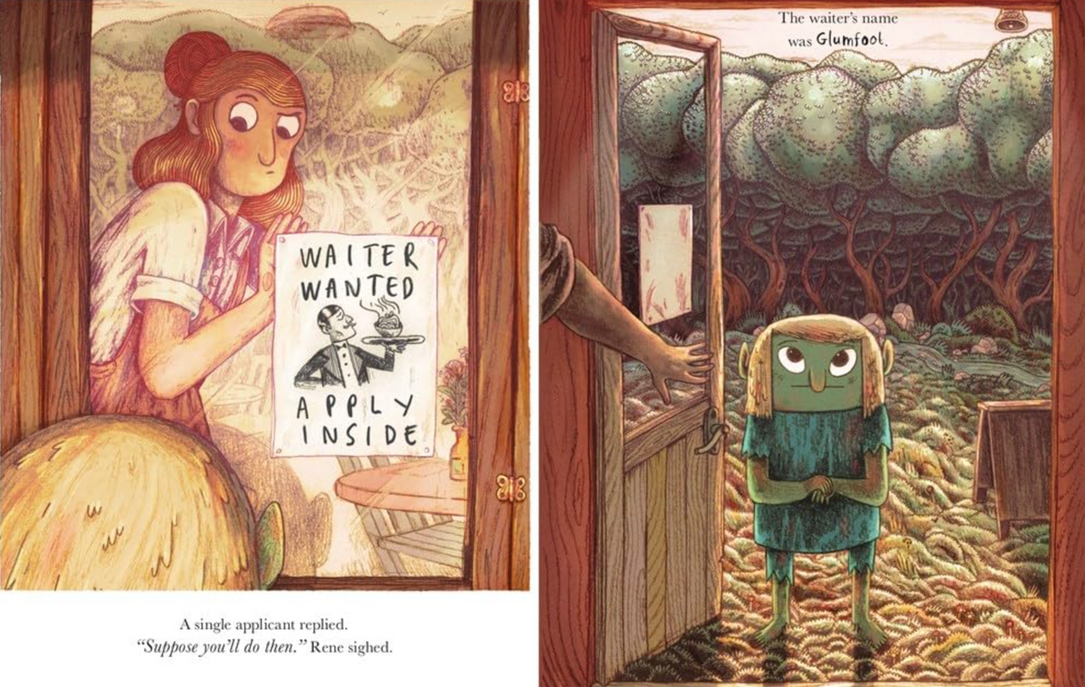 Illustration from The Cafe at the Edge of the Woods showing Rene with a waiter wanted sign and Glumfoot entering the café.