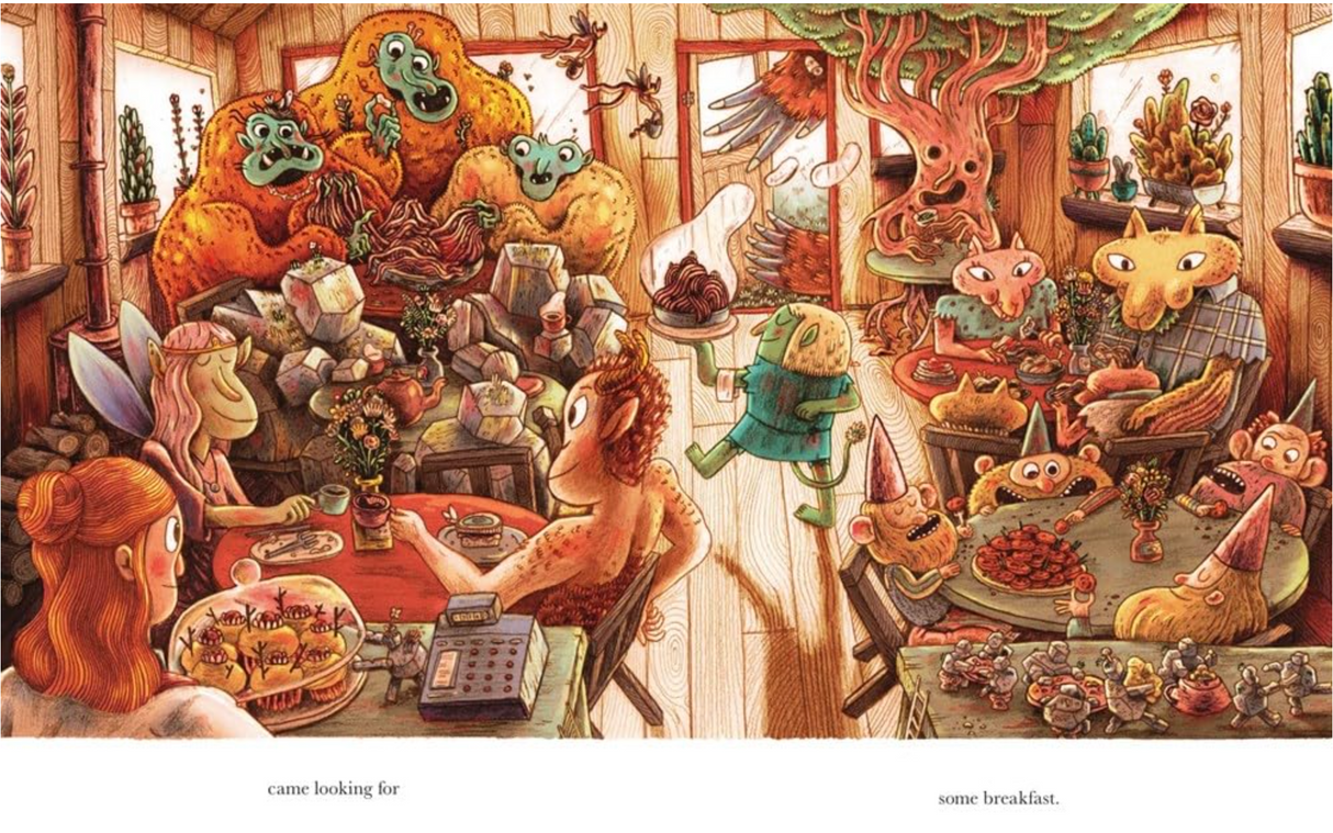 Illustration from The Cafe at the Edge of the Woods showing whimsical creatures gathered in a cozy woodland cafe.