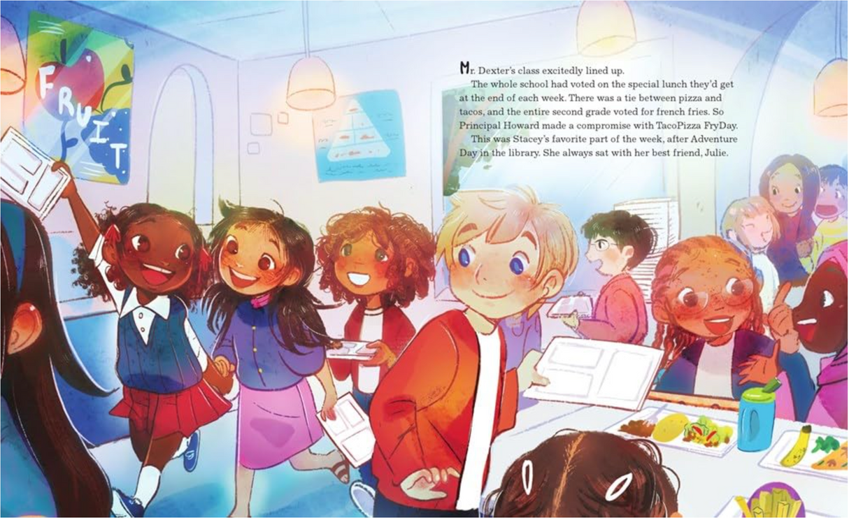 Illustration from Stacey Speaks Up showing diverse children excited for TacoPizza FryDay lunch at school.