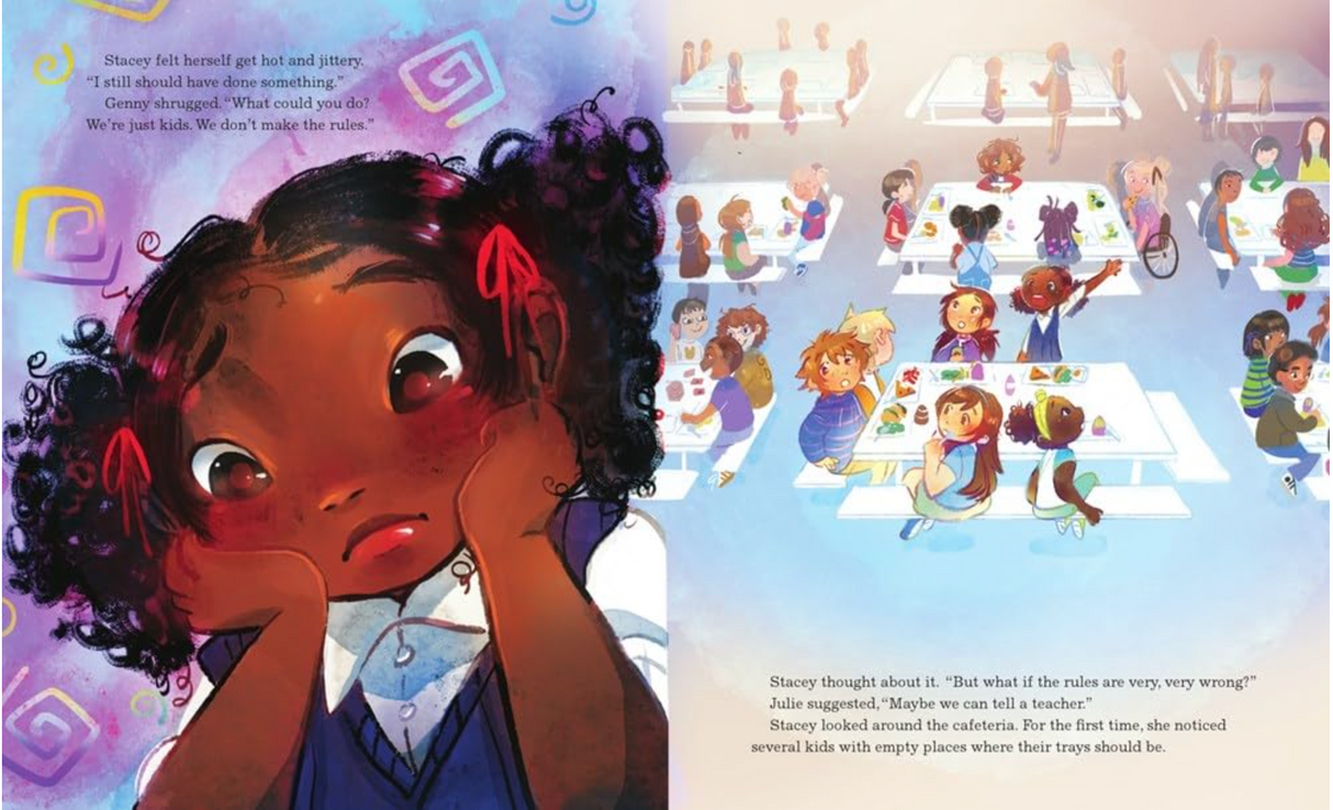 Illustration from Stacey Speaks Up showing Stacey worried in a cafeteria where some kids have empty lunch trays.