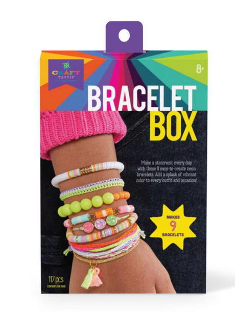 Bracelet Box Neon with 9 colorful bead bracelets shown on wrist, perfect for creative crafting fun for ages 8 and up.