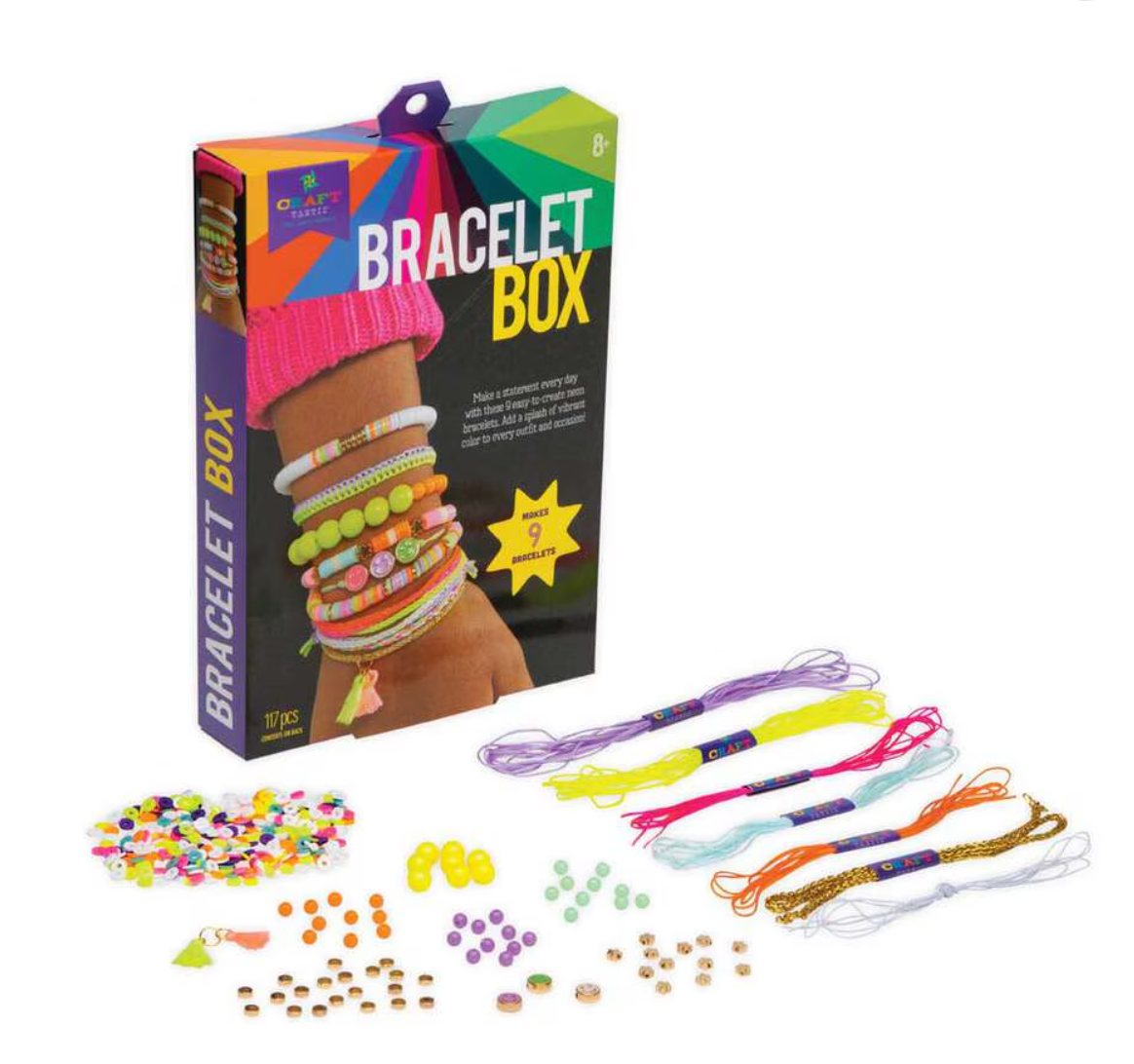 Bracelet Box Neon with colorful beads, cords, and tassel charm for making unique bracelets, perfect for ages 8 and up.