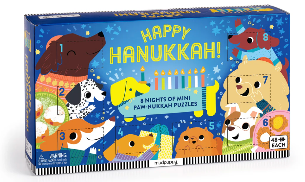 Happy Hanukkah! Countdown Puzzle Set featuring 8 mini puzzles with dogs celebrating Hanukkah traditions.