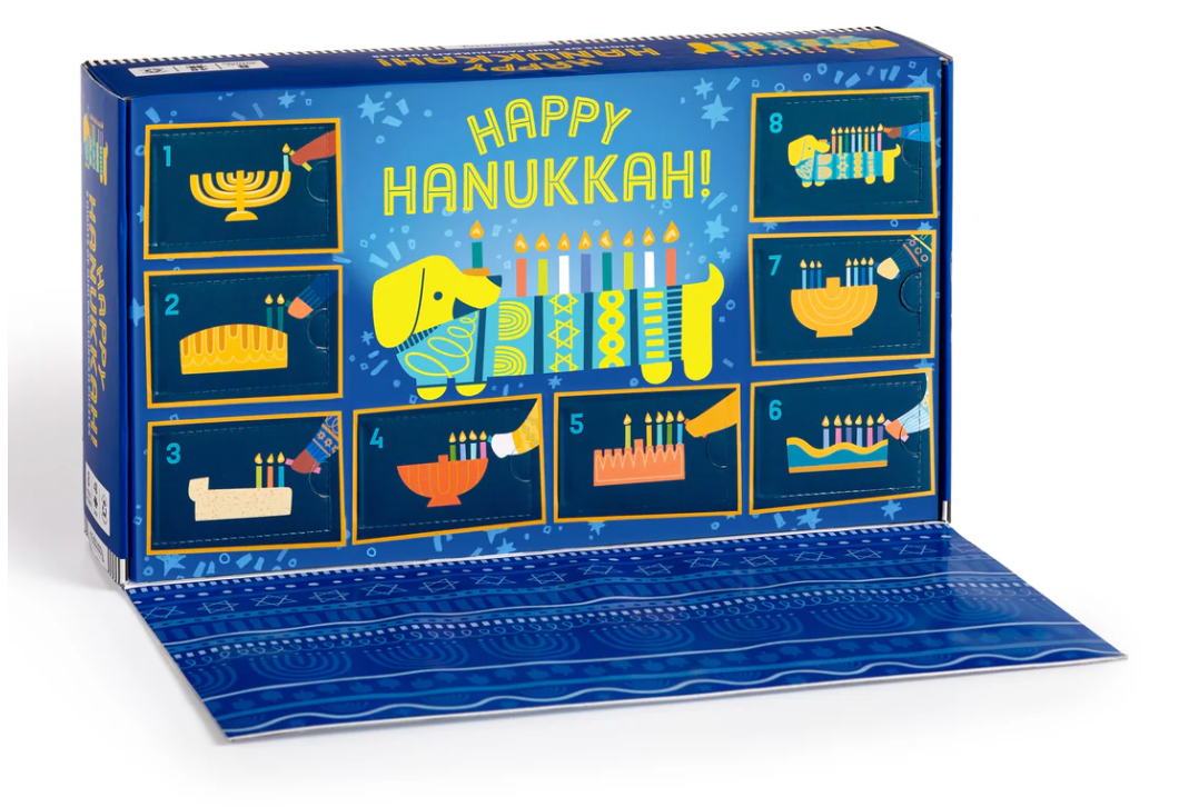 Happy Hanukkah! Countdown Puzzle Set with 8 perforated windows featuring Hanukkah-themed dog puzzles.