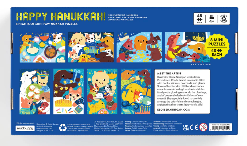 Happy Hanukkah! Countdown Puzzle Set featuring 8 mini puzzles with dogs celebrating Hanukkah traditions.