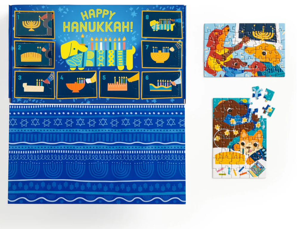 Happy Hanukkah! Countdown Puzzle Set with 8 mini puzzles featuring dogs celebrating Hanukkah traditions.