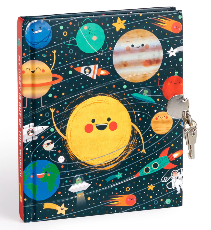 Solar System Diary with friendly sun, planets, orbit design, silver padlock, and two keys, perfect for kids ages 4 and up.