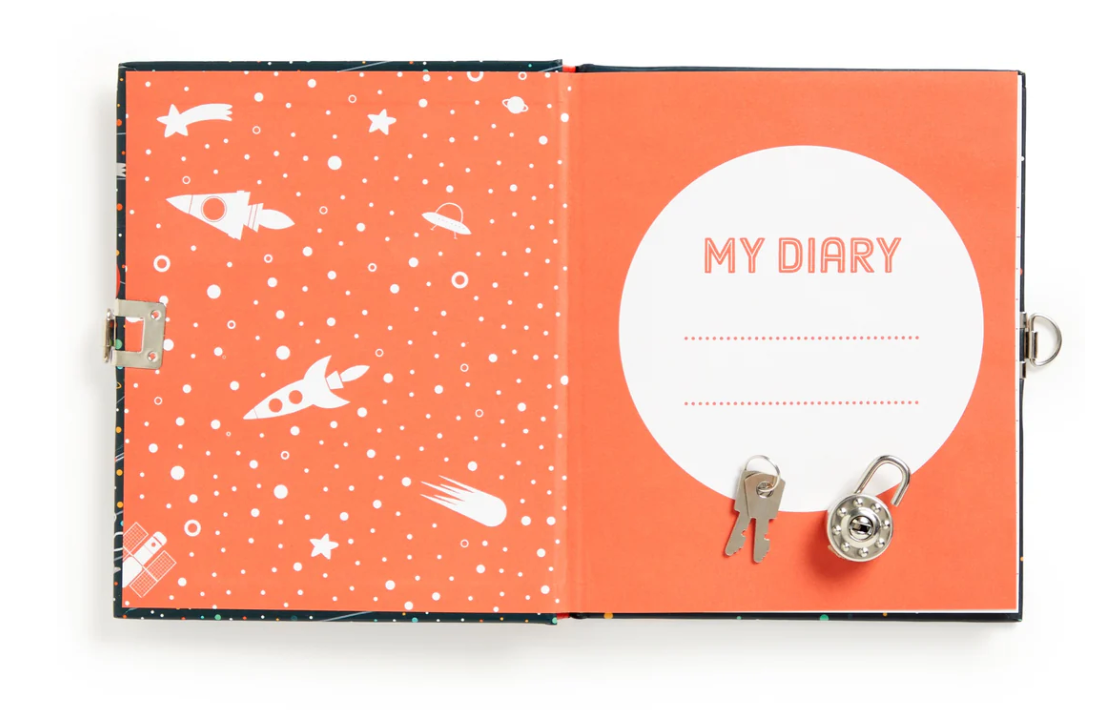 Solar System Diary open showing orange pages with space illustrations, silver lock and two keys on the right side.