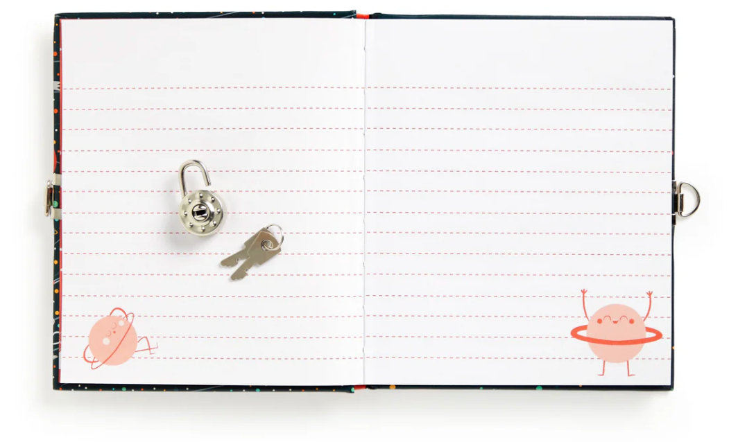 Open Solar System Diary showing lined pages with illustrated planets and a silver padlock with two keys.