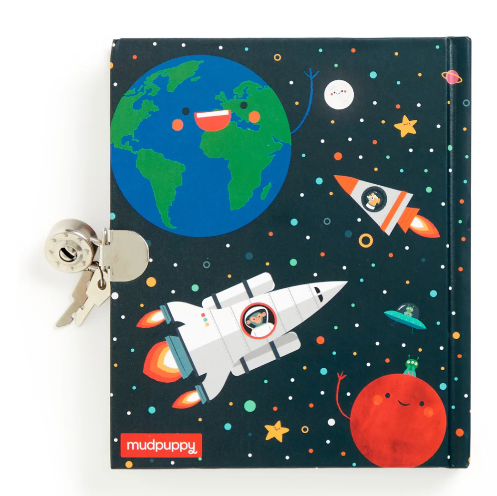 Solar System Diary with friendly planets, rocket, and silver lock, perfect for kids and space lovers.