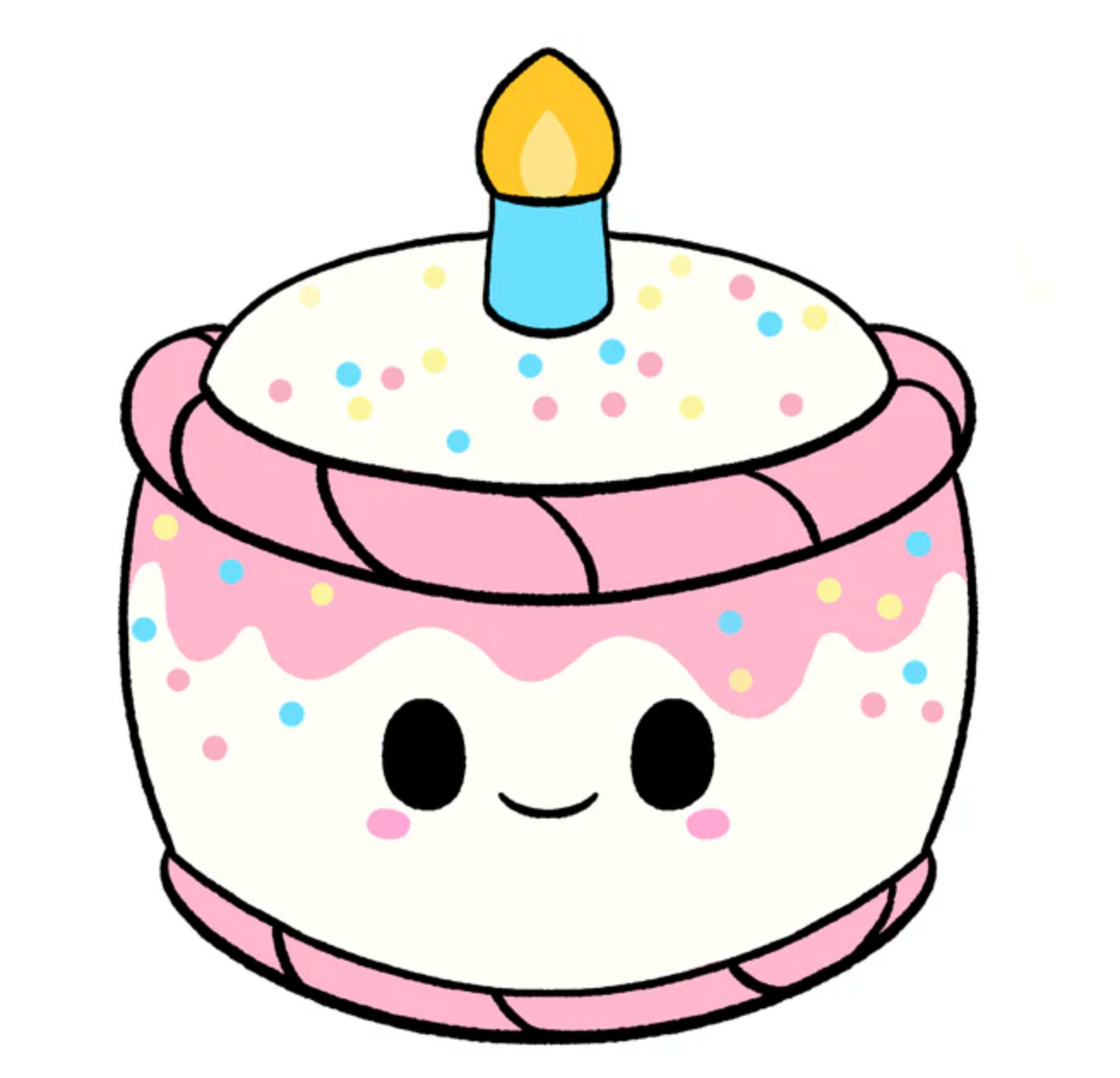 Happy Birthday Cake Snackers plush with smiling face, pink frosting, sprinkles, and single lit candle on top.