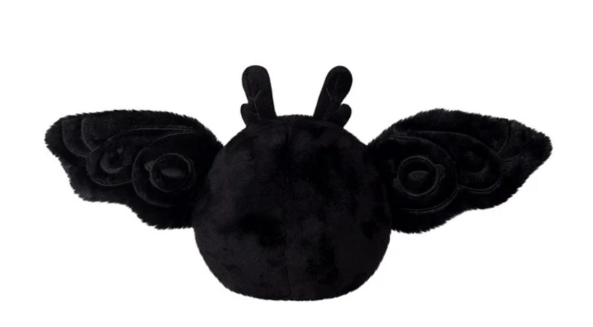 Baby Mothman Snackers plush with jet-black fur, floppy wings, and red eyes, perfect for imaginative play.