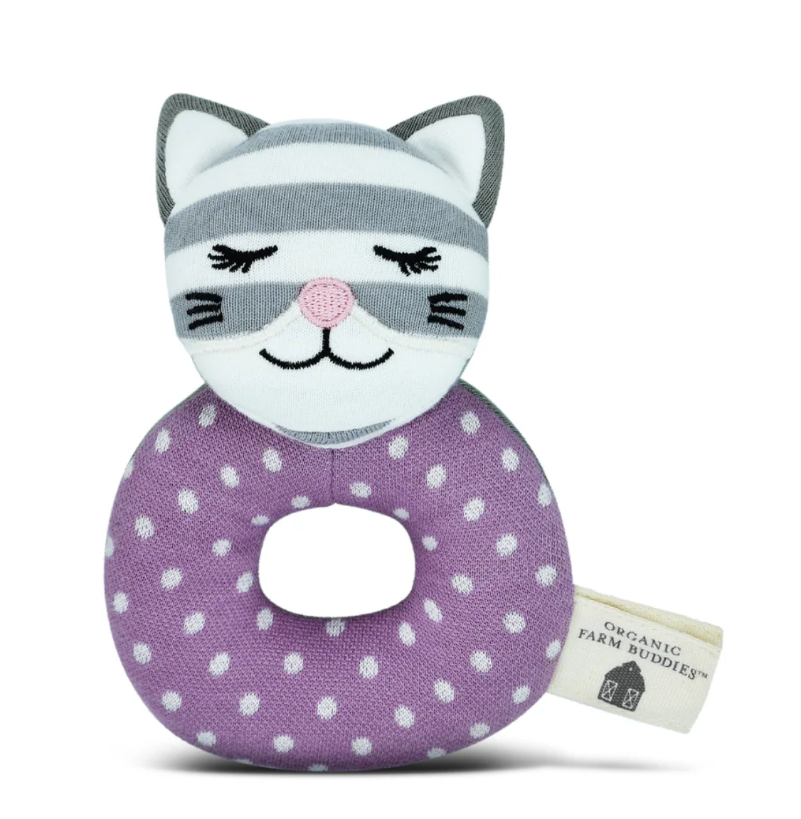 Organic Cat Maude Rattle with soft purple pajamas, embroidered face, and fabric tag for gentle play and snuggles.