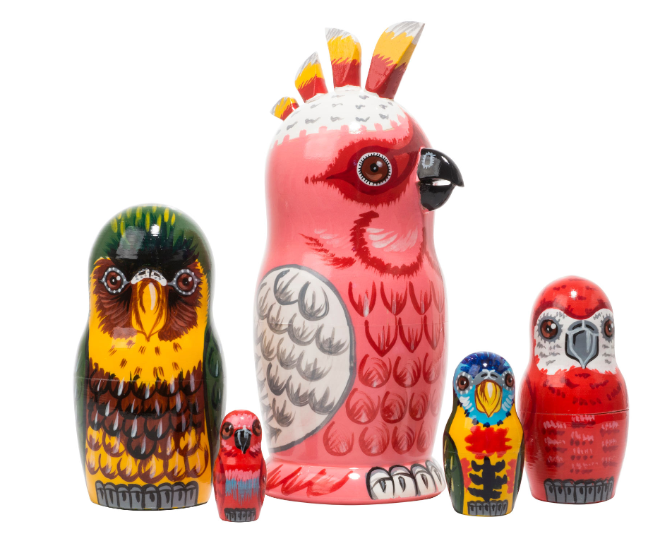 Matryoshka Nesting Dolls | Parrot 5pc featuring colorful tropical birds nesting inside a large cockatoo doll.