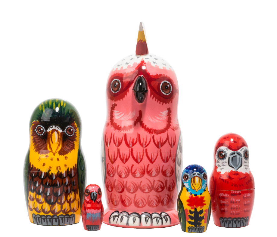 Matryoshka Nesting Dolls | Parrot 5pc set featuring colorful hand-painted tropical birds in a nesting design.