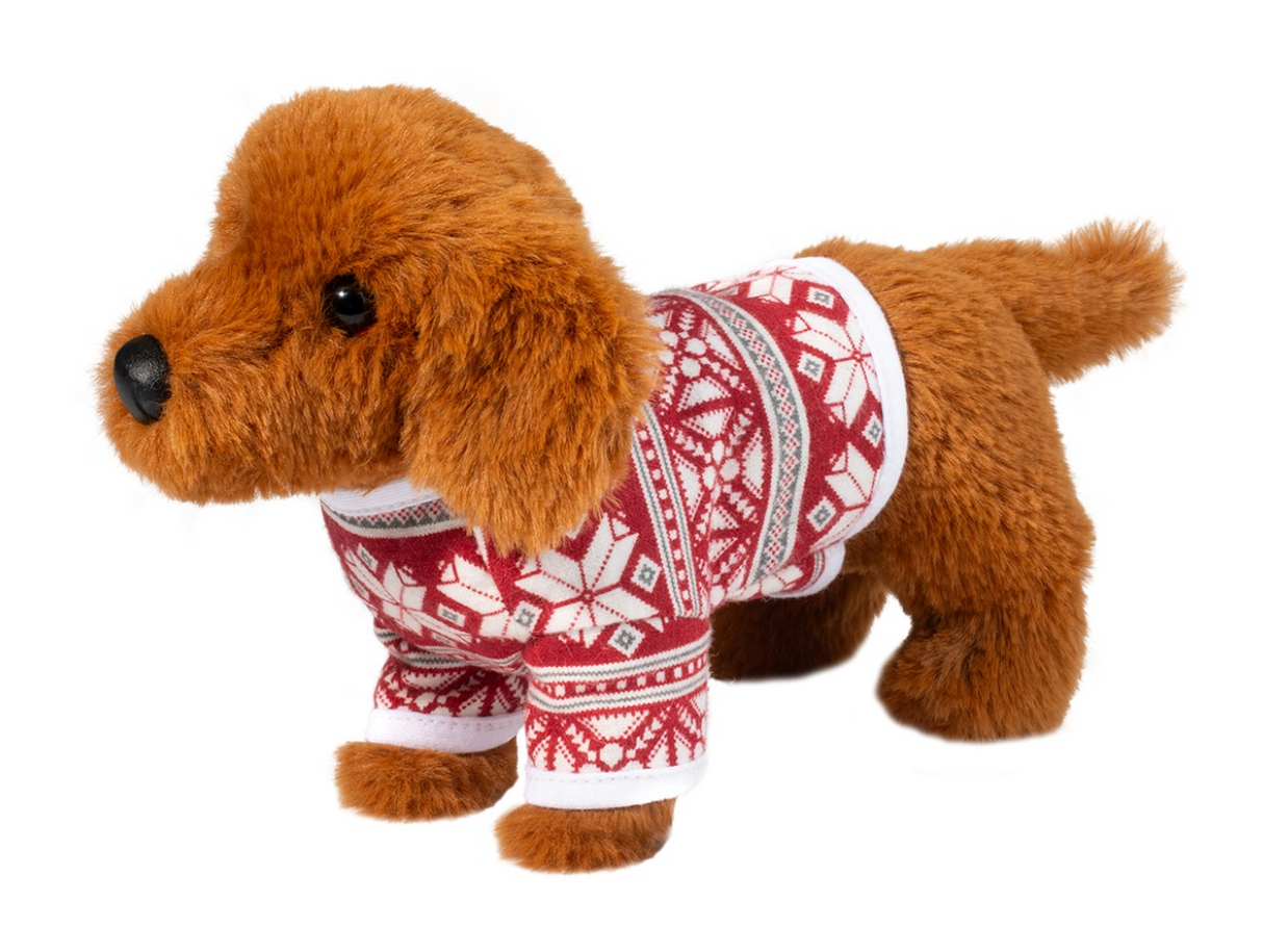 Dachshund in Sweater plush toy with festive red, white, and gray snowflake-patterned holiday sweater and soft russet fur.