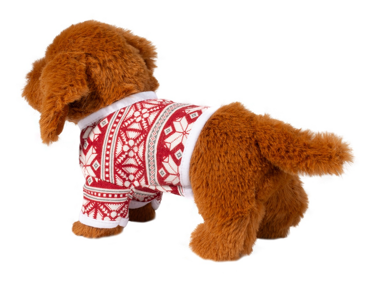 Dachshund in Sweater plush toy with soft russet fur wearing a red, white, and gray festive winter sweater.