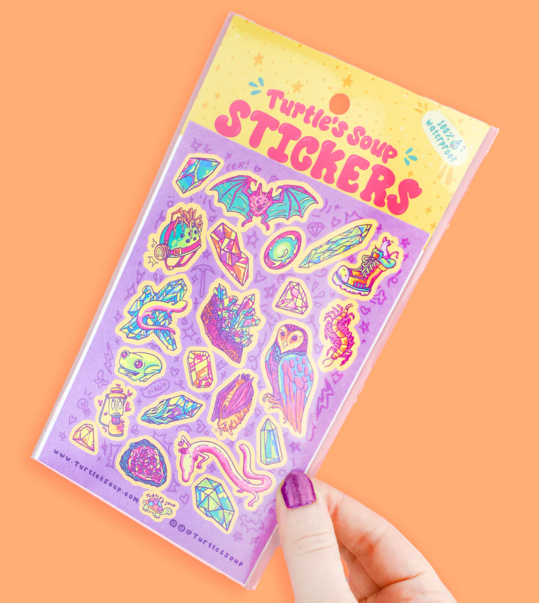 Cave Critters Owl Sticker Sheet featuring colorful cave-themed critters and crystals, scratch and waterproof stickers.