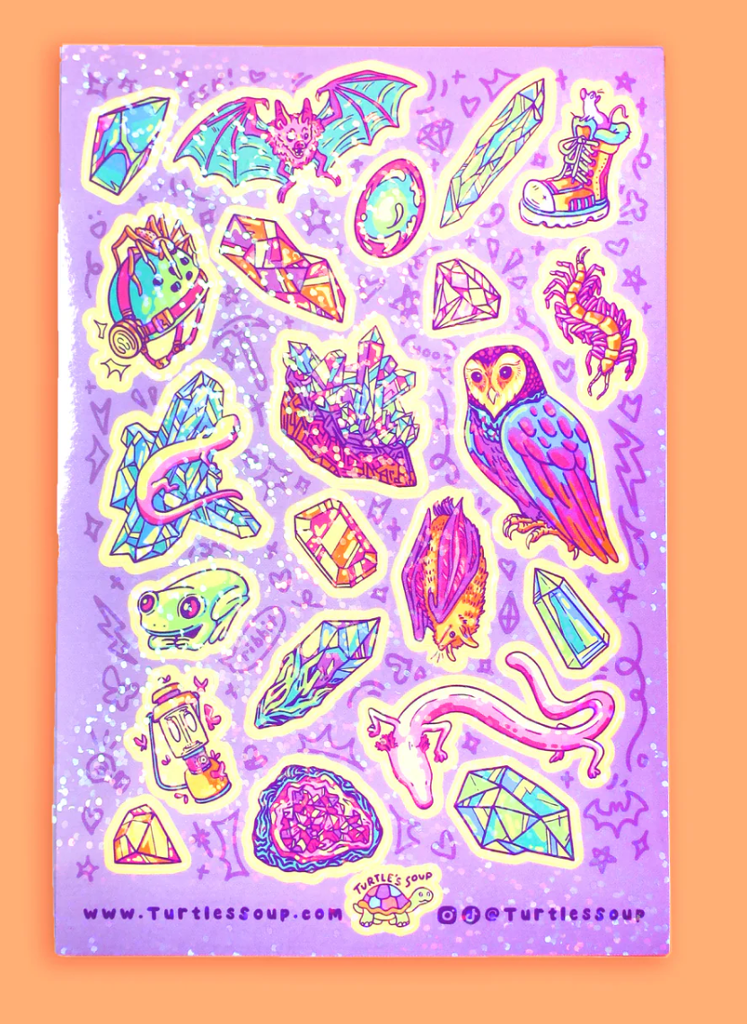 Cave Critters Owl Sticker Sheet with colorful cave creatures, crystals, and an owl on a purple background.