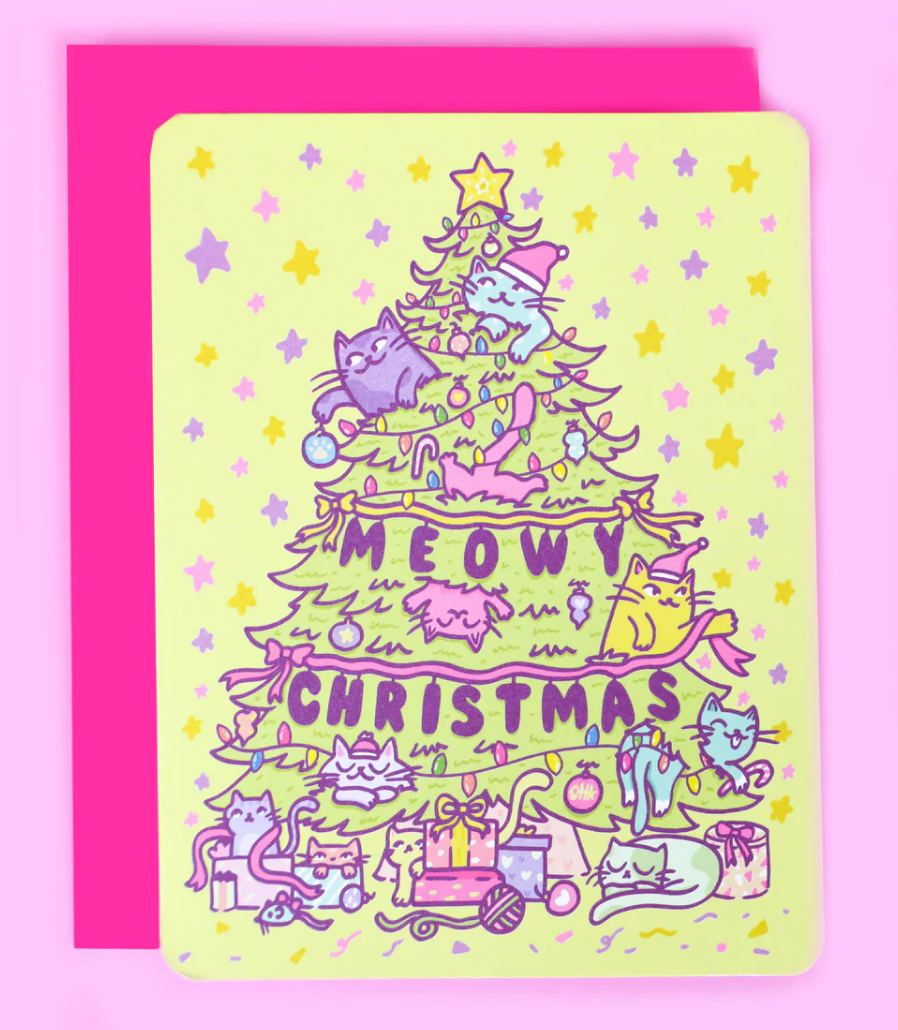 Meowy Christmas Card with playful cats climbing and resting on a decorated Christmas tree surrounded by gifts and stars.