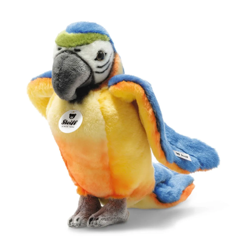 Parrot Lori plush toy with bright blue, yellow, and orange colors, soft woven fabric, standing 10 inches tall.